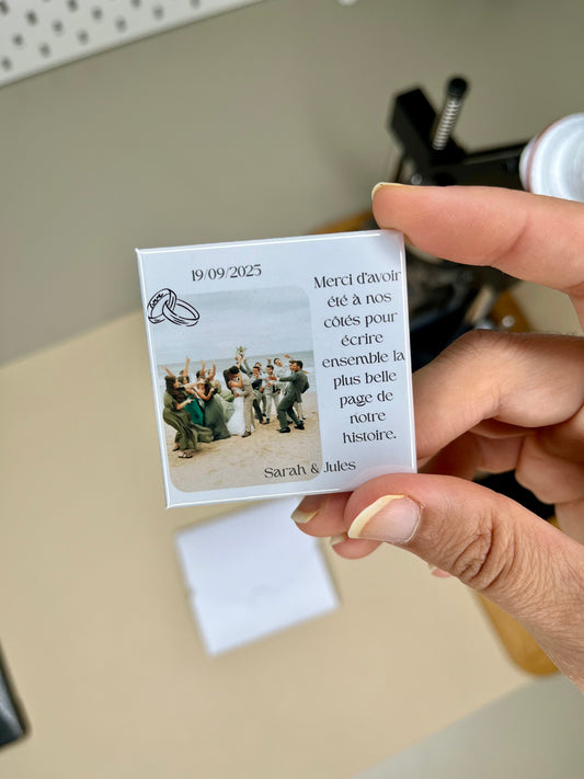 Magnet "remerciement" Mariage personnalisé avec photo, texte et enveloppe
